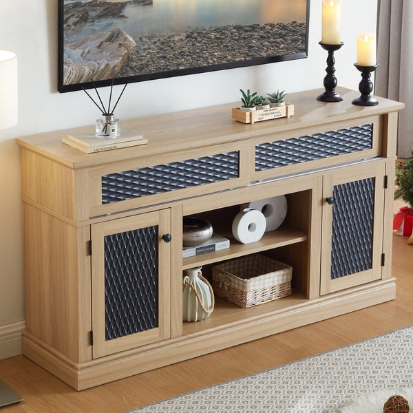 English Elm Embossed Farmhouse Media Console with Sliding Doors Open Shelving and Cable Management Light Oak W2275P389924