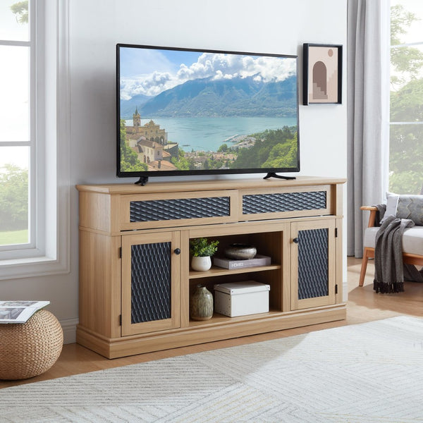 English Elm Embossed Farmhouse Media Console with Sliding Doors Open Shelving and Cable Management Light Oak W2275P389924