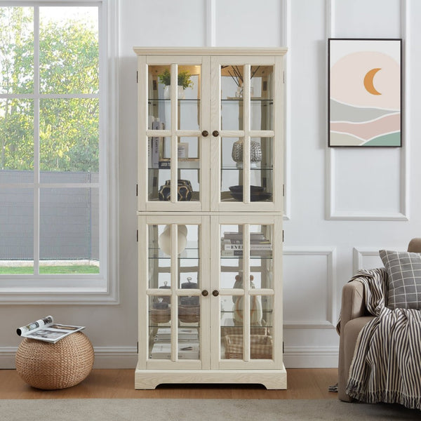 English Elm Curio Display Cabinet Four Glass Door Lattice Showcase with Adjustable Shelves and Built-in Light White W2275P460416