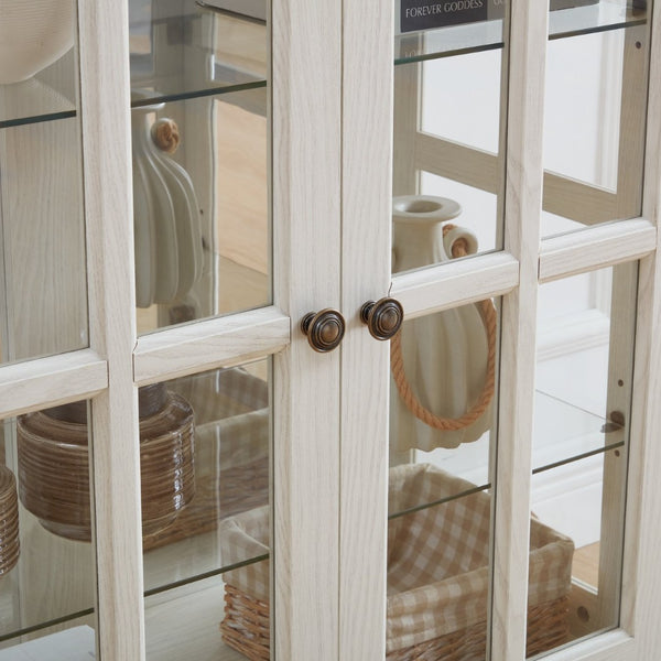 English Elm Curio Display Cabinet Four Glass Door Lattice Showcase with Adjustable Shelves and Built-in Light White W2275P460416