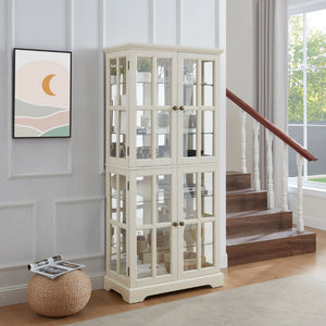 English Elm Curio Display Cabinet Four Glass Door Lattice Showcase with Adjustable Shelves and Built-in Light White W2275P460416
