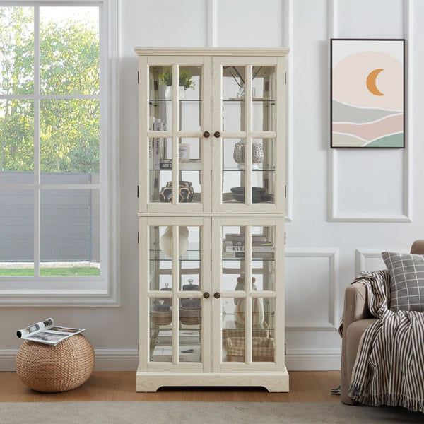 English Elm Curio Display Cabinet Four Glass Door Lattice Showcase with Adjustable Shelves and Built-in Light White W2275P460416