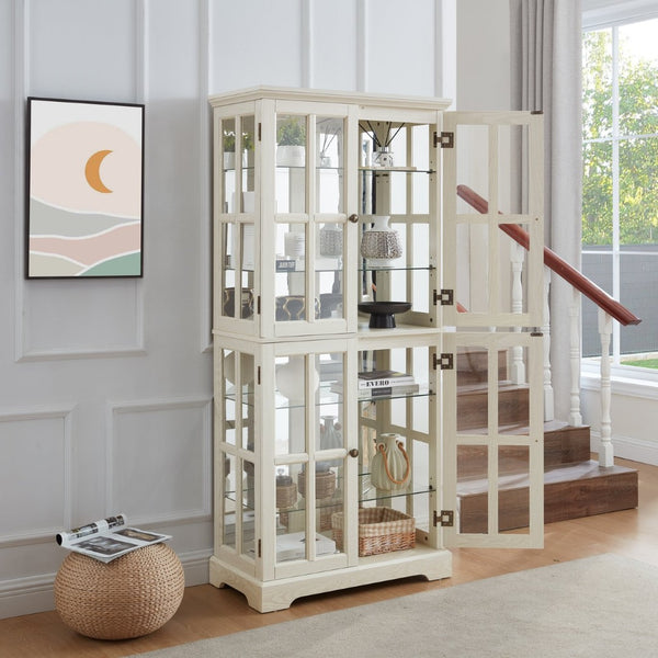 English Elm Curio Display Cabinet Four Glass Door Lattice Showcase with Adjustable Shelves and Built-in Light White W2275P460416