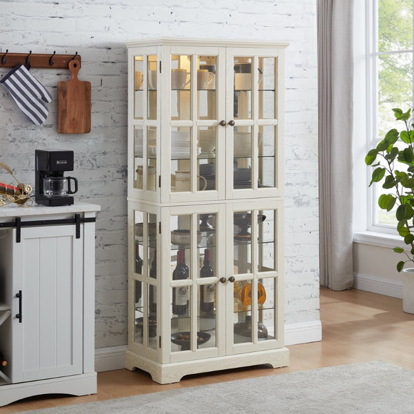 English Elm Curio Display Cabinet Four Glass Door Lattice Showcase with Adjustable Shelves and Built-in Light White W2275P460416