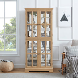 English Elm Curio Display Cabinet Four Glass Door Lattice Showcase with Adjustable Shelves and Built-in Light Oak W2275P460417