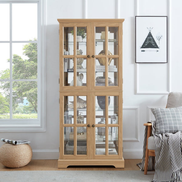 English Elm Curio Display Cabinet Four Glass Door Lattice Showcase with Adjustable Shelves and Built-in Light Oak W2275P460417