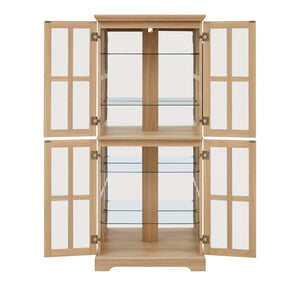 English Elm Curio Display Cabinet Four Glass Door Lattice Showcase with Adjustable Shelves and Built-in Light Oak W2275P460417