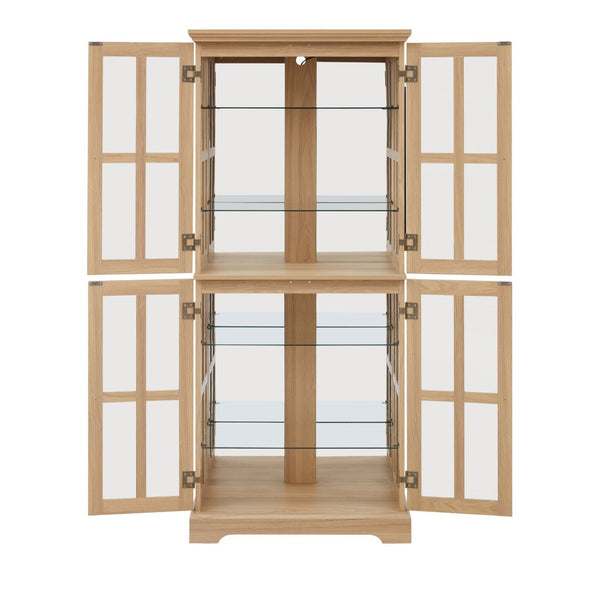 English Elm Curio Display Cabinet Four Glass Door Lattice Showcase with Adjustable Shelves and Built-in Light Oak W2275P460417