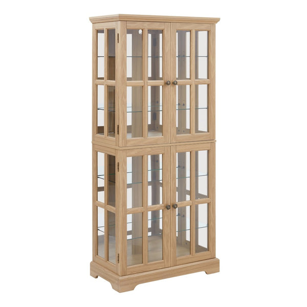 English Elm Curio Display Cabinet Four Glass Door Lattice Showcase with Adjustable Shelves and Built-in Light Oak W2275P460417