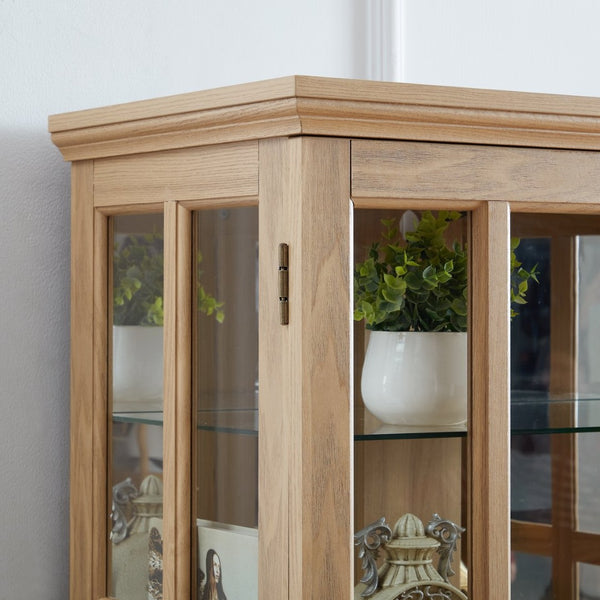 English Elm Curio Display Cabinet Four Glass Door Lattice Showcase with Adjustable Shelves and Built-in Light Oak W2275P460417