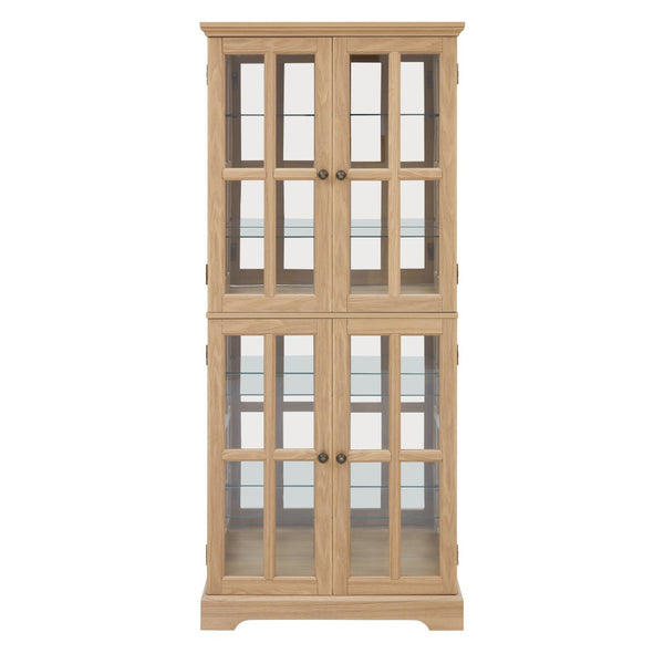 English Elm Curio Display Cabinet Four Glass Door Lattice Showcase with Adjustable Shelves and Built-in Light Oak W2275P460417