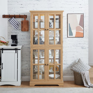 English Elm Curio Display Cabinet Four Glass Door Lattice Showcase with Adjustable Shelves and Built-in Light Oak W2275P460417