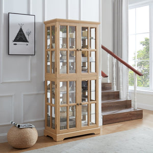 English Elm Curio Display Cabinet Four Glass Door Lattice Showcase with Adjustable Shelves and Built-in Light Oak W2275P460417