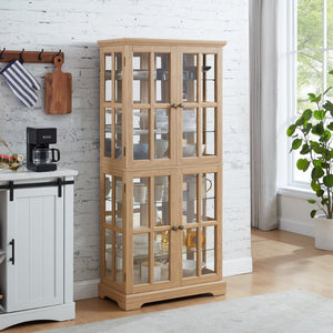 English Elm Curio Display Cabinet Four Glass Door Lattice Showcase with Adjustable Shelves and Built-in Light Oak W2275P460417