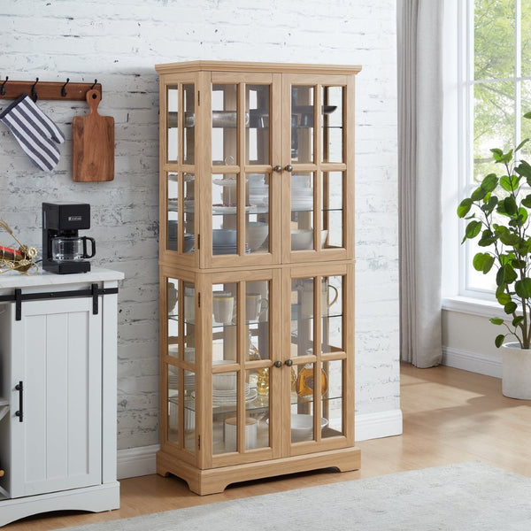 English Elm Curio Display Cabinet Four Glass Door Lattice Showcase with Adjustable Shelves and Built-in Light Oak W2275P460417