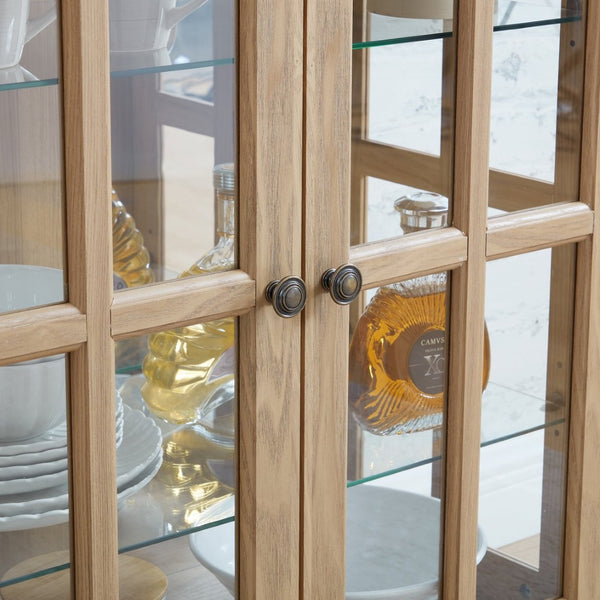 English Elm Curio Display Cabinet Four Glass Door Lattice Showcase with Adjustable Shelves and Built-in Light Oak W2275P460417