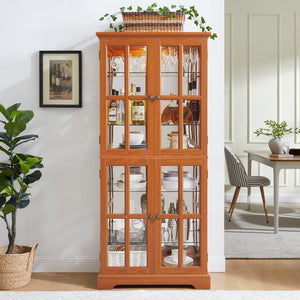 English Elm Curio Display Cabinet Four Glass Door Lattice Showcase with Adjustable Shelves and Built-in Light Dark Oak W2275P460418