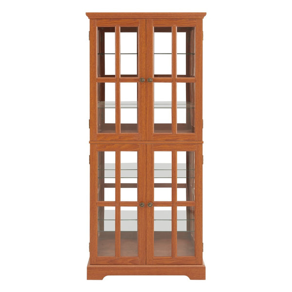 English Elm Curio Display Cabinet Four Glass Door Lattice Showcase with Adjustable Shelves and Built-in Light Dark Oak W2275P460418