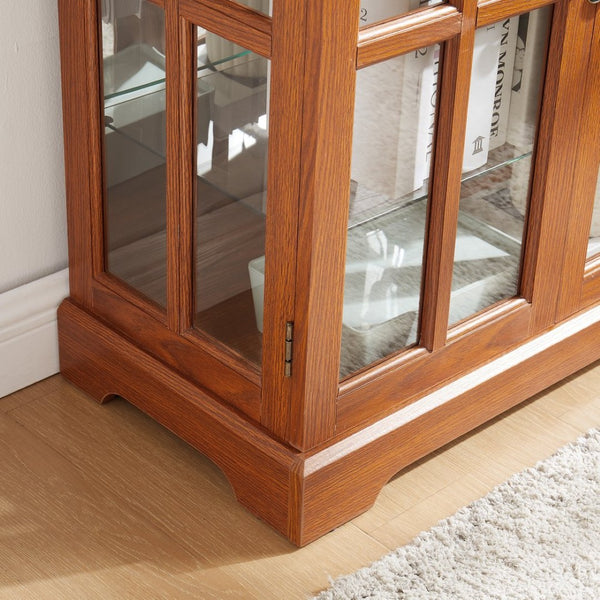 English Elm Curio Display Cabinet Four Glass Door Lattice Showcase with Adjustable Shelves and Built-in Light Dark Oak W2275P460418