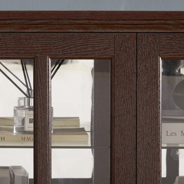 English Elm Curio Cabinet Cherry Finish Lattice Glass Doors Adjustable Shelves Lighted Vintage Display W2275P460419