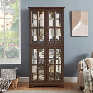English Elm Curio Cabinet Cherry Finish Lattice Glass Doors Adjustable Shelves Lighted Vintage Display W2275P460419