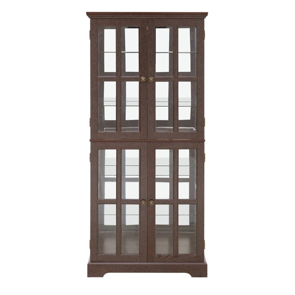 English Elm Curio Cabinet Cherry Finish Lattice Glass Doors Adjustable Shelves Lighted Vintage Display W2275P460419