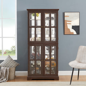 English Elm Curio Cabinet Cherry Finish Lattice Glass Doors Adjustable Shelves Lighted Vintage Display W2275P460419