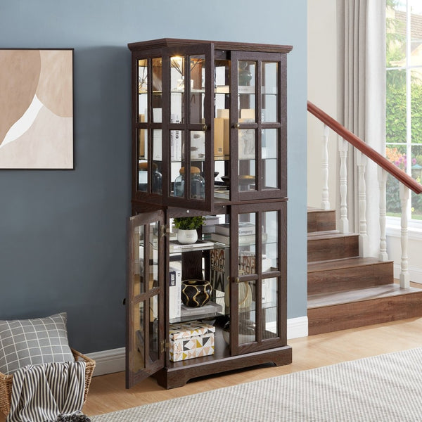 English Elm Curio Cabinet Cherry Finish Lattice Glass Doors Adjustable Shelves Lighted Vintage Display W2275P460419
