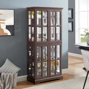 English Elm Curio Cabinet Cherry Finish Lattice Glass Doors Adjustable Shelves Lighted Vintage Display W2275P460419