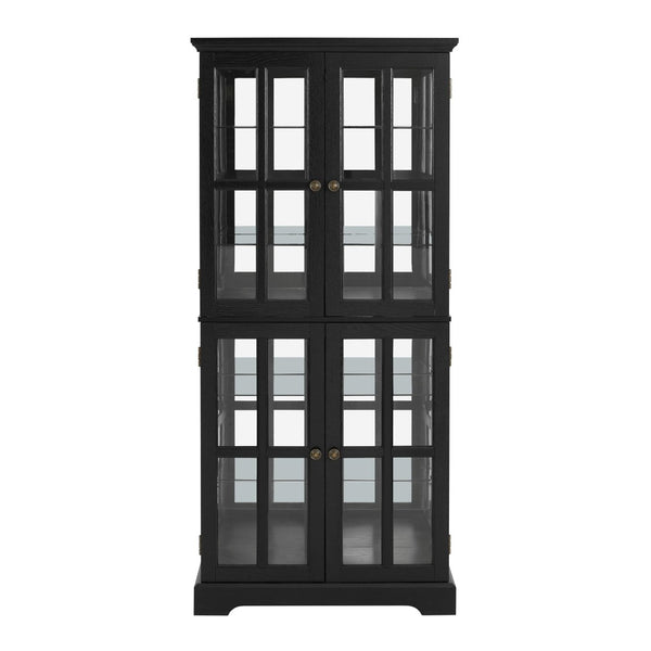 English Elm Curio Display Cabinet Four Glass Door Lattice Showcase with Adjustable Shelves and Built-in Light Black W2275P460420