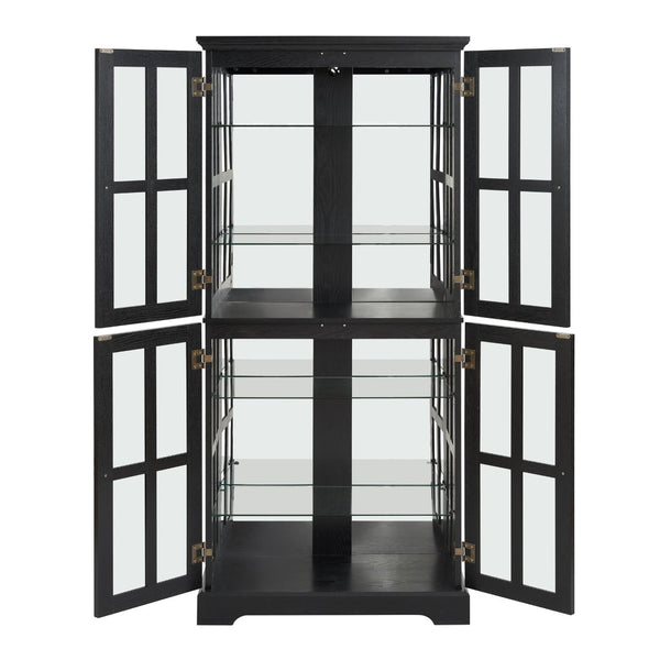English Elm Curio Display Cabinet Four Glass Door Lattice Showcase with Adjustable Shelves and Built-in Light Black W2275P460420