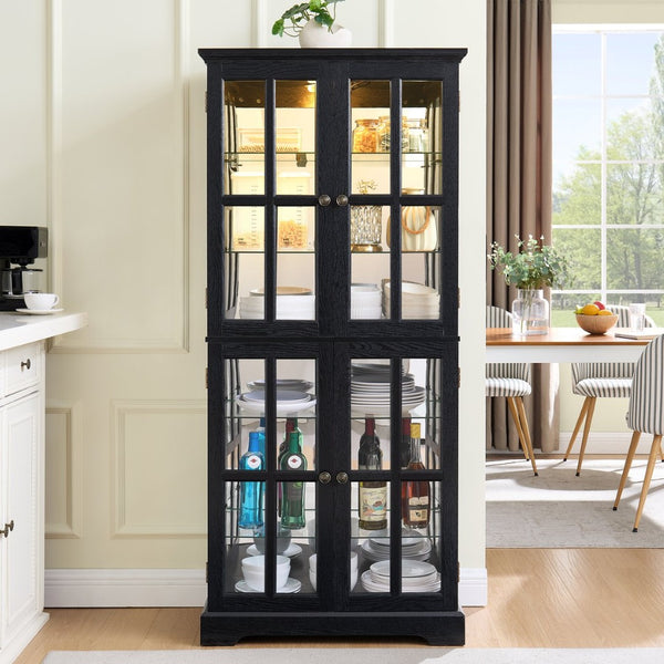 English Elm Curio Display Cabinet Four Glass Door Lattice Showcase with Adjustable Shelves and Built-in Light Black W2275P460420