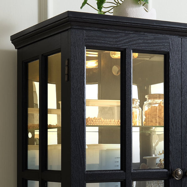 English Elm Curio Display Cabinet Four Glass Door Lattice Showcase with Adjustable Shelves and Built-in Light Black W2275P460420