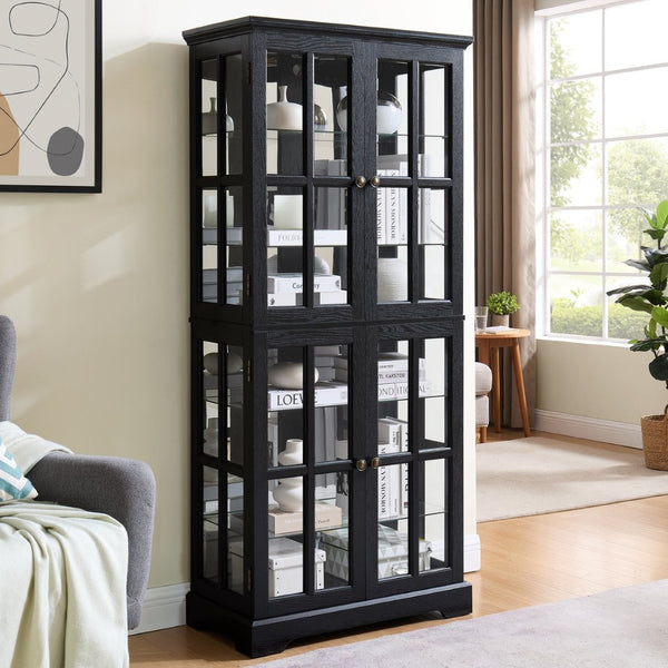 English Elm Curio Display Cabinet Four Glass Door Lattice Showcase with Adjustable Shelves and Built-in Light Black W2275P460420