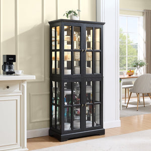 English Elm Curio Display Cabinet Four Glass Door Lattice Showcase with Adjustable Shelves and Built-in Light Black W2275P460420