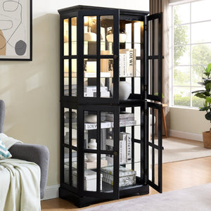 English Elm Curio Display Cabinet Four Glass Door Lattice Showcase with Adjustable Shelves and Built-in Light Black W2275P460420