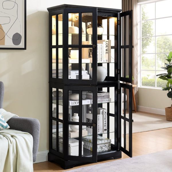 English Elm Curio Display Cabinet Four Glass Door Lattice Showcase with Adjustable Shelves and Built-in Light Black W2275P460420