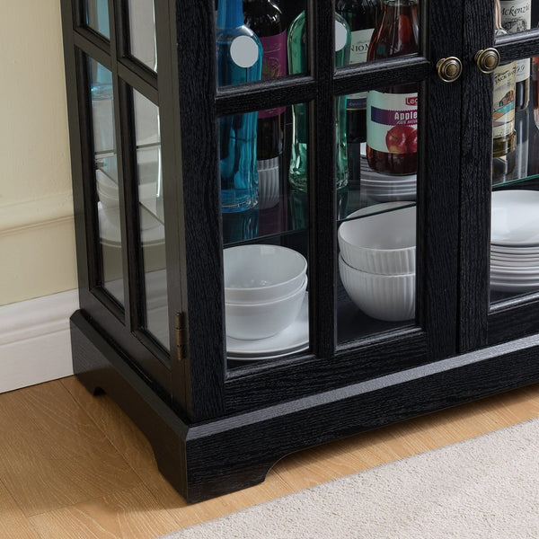English Elm Curio Display Cabinet Four Glass Door Lattice Showcase with Adjustable Shelves and Built-in Light Black W2275P460420