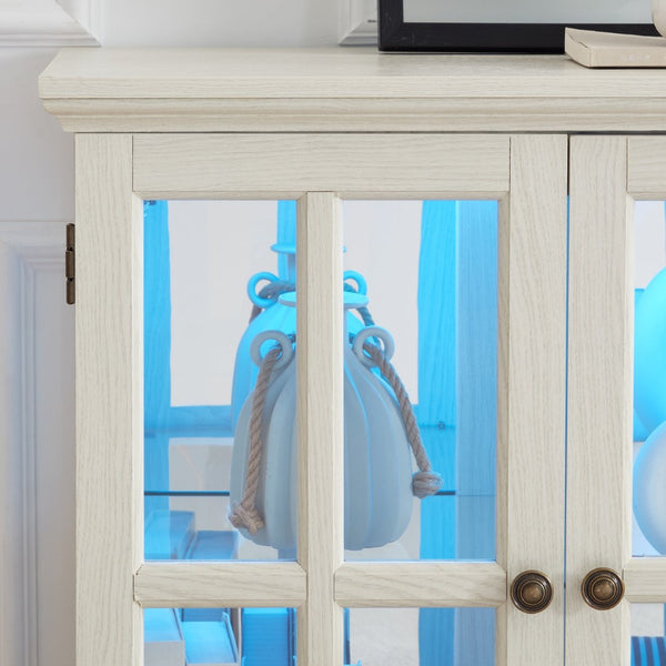 English Elm Led Curio Cabinet Antique White Four Door Glass Display with Adjustable Shelves W2275P460421