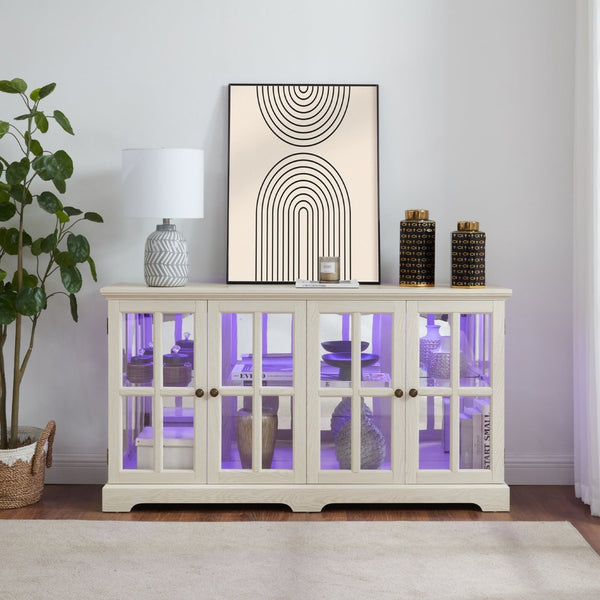 English Elm Led Curio Cabinet Antique White Four Door Glass Display with Adjustable Shelves W2275P460421