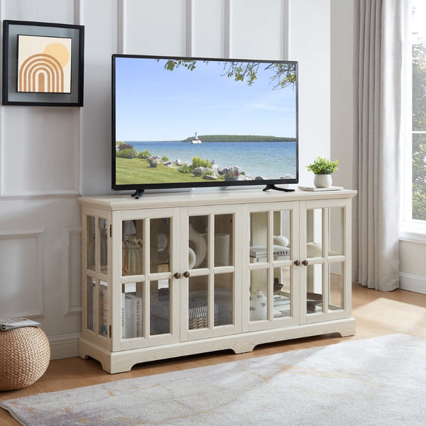 English Elm Led Curio Cabinet Antique White Four Door Glass Display with Adjustable Shelves W2275P460421