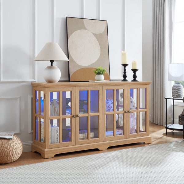English Elm Led Curio Cabinet Antique White Four Door Glass Display with Adjustable Shelves Oak W2275P460422