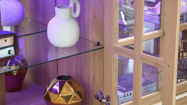 English Elm Led Curio Cabinet Antique White Four Door Glass Display with Adjustable Shelves Oak W2275P460422
