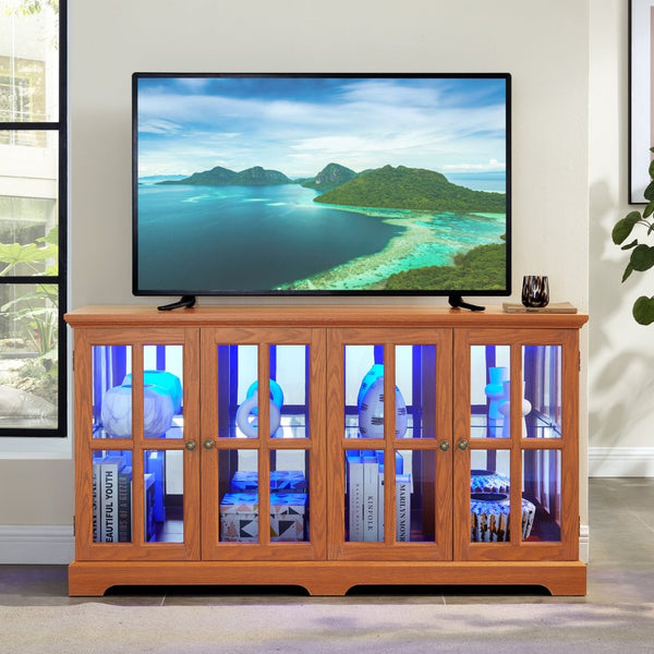 English Elm Led Curio Cabinet Antique White Four Door Glass Display with Adjustable Shelves Dark Oak W2275P460423