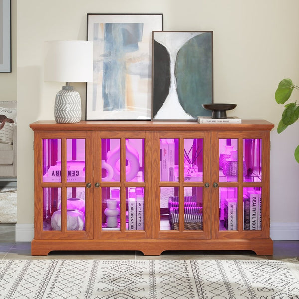 English Elm Led Curio Cabinet Antique White Four Door Glass Display with Adjustable Shelves Dark Oak W2275P460423