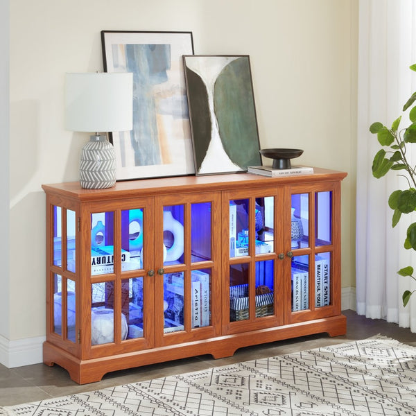 English Elm Led Curio Cabinet Antique White Four Door Glass Display with Adjustable Shelves Dark Oak W2275P460423