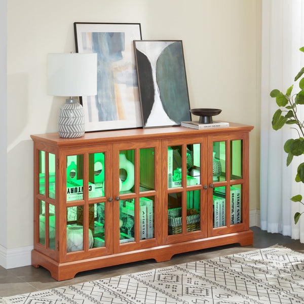 English Elm Led Curio Cabinet Antique White Four Door Glass Display with Adjustable Shelves Dark Oak W2275P460423