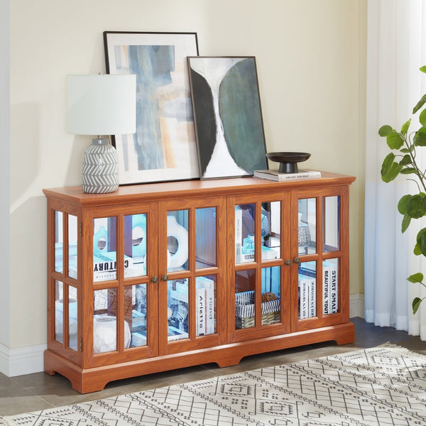 English Elm Led Curio Cabinet Antique White Four Door Glass Display with Adjustable Shelves Dark Oak W2275P460423