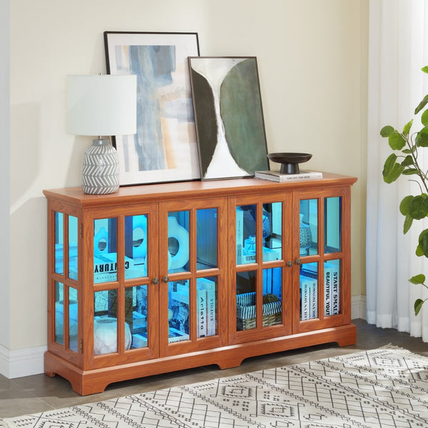 English Elm Led Curio Cabinet Antique White Four Door Glass Display with Adjustable Shelves Dark Oak W2275P460423