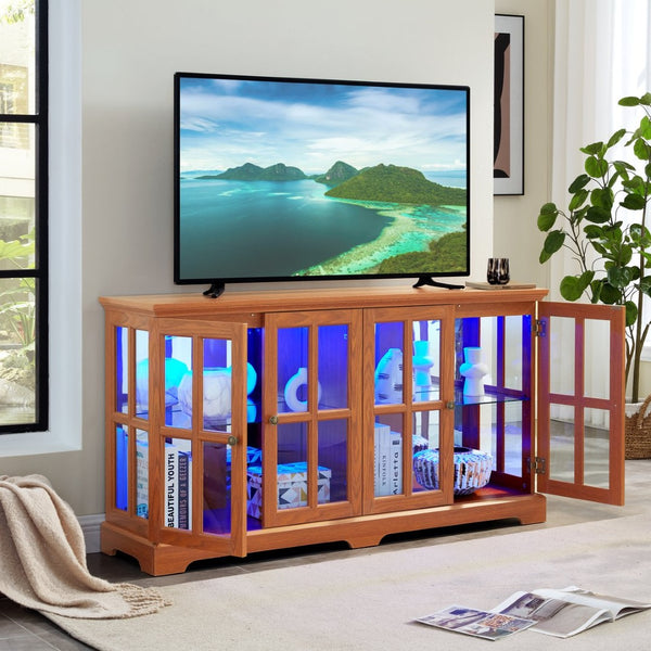 English Elm Led Curio Cabinet Antique White Four Door Glass Display with Adjustable Shelves Dark Oak W2275P460423